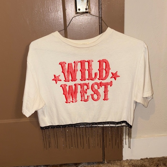 Baevely Tops - Small, Baevely “Wild West” Cropped Tee with rhinestone Fringe!